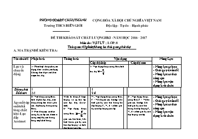 Đề thi khảo sát chất lượng học kì I Vật lí lớp 8 - Năm học 2016-2017 - Trường THCS Biên Giới